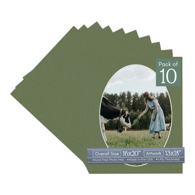 CountryArtHouse Dill Green Acid Free 16x20 Oval Picture Frame Mat with White Core Bevel Cut for 13x18 Pictures - Fits 16x20 Frame - Pack of 10 Matboard Show Kits with Acid Free Backings & Clear Bags