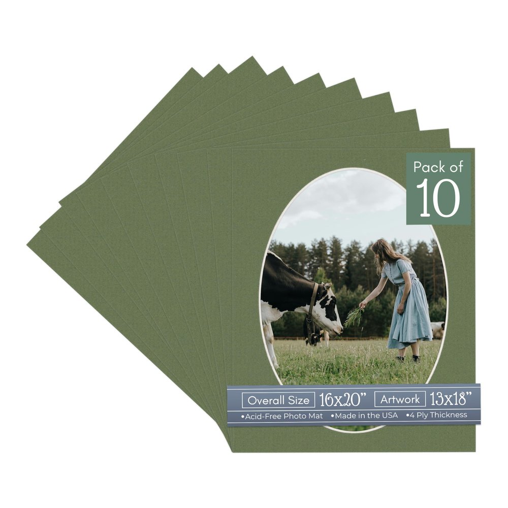 CountryArtHouse Dill Green Acid Free 16x20 Oval Picture Frame Mat with White Core Bevel Cut for 13x18 Pictures - Fits 16x20 Frame - Pack of 10 Matboard Show Kits with Acid Free Backings & Clear Bags