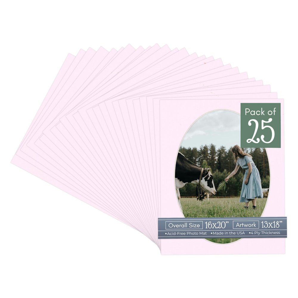 CountryArtHouse Soft Pink Acid Free 16x20 Oval Picture Frame Mat with White Core Bevel Cut for 13x18 Pictures - Fits 16x20 Frame - Pack of 25 Matboards