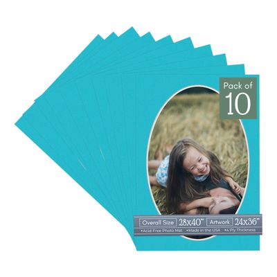 Aquamarine Blue Acid Free 28x40 Oval Picture Frame Mat with White Core Bevel Cut for 24x36 Pictures - Fits 28x40 Frame - Pack of 10 Matboard Show Kits With Acid Free Backings & Clear Bags