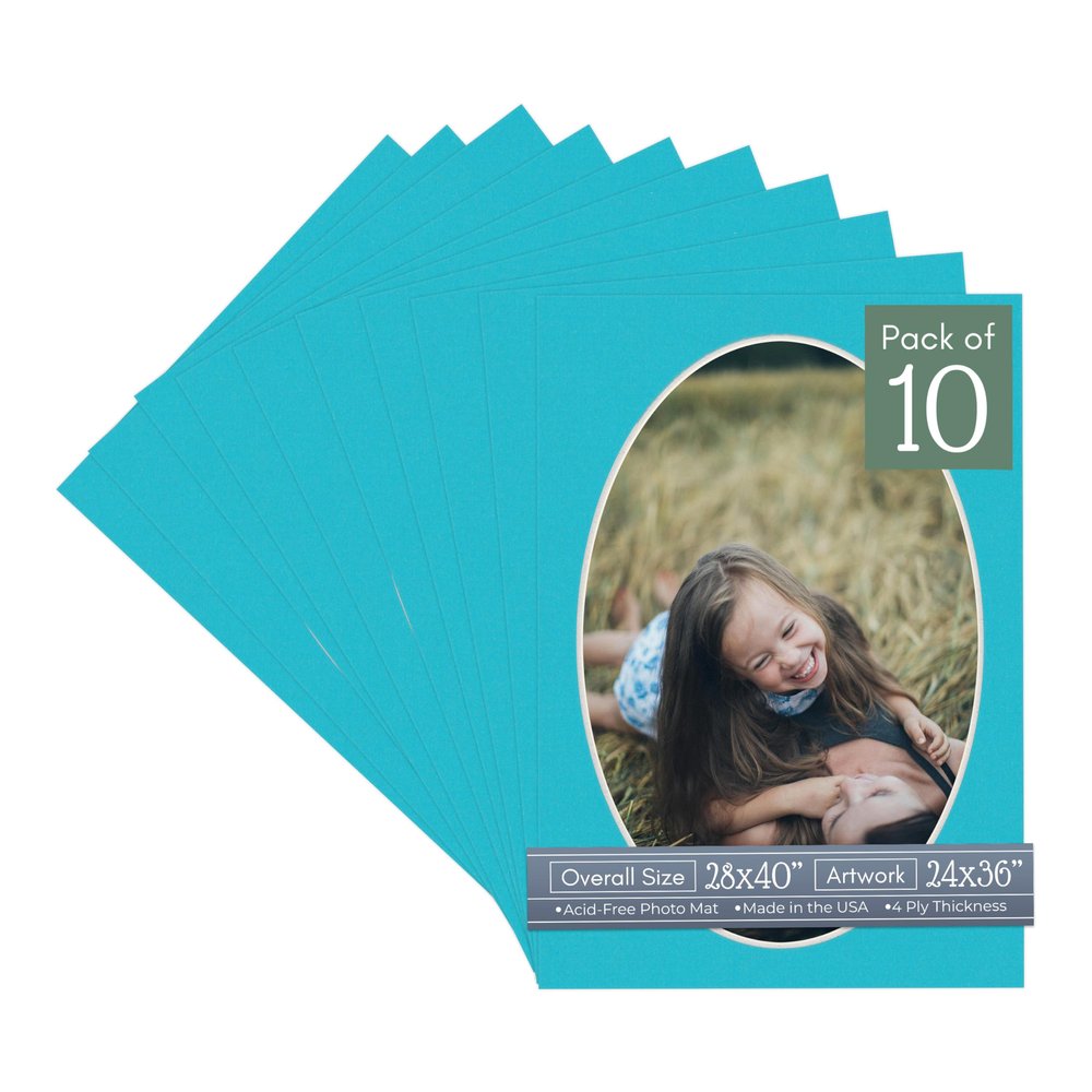 Aquamarine Blue Acid Free 28x40 Oval Picture Frame Mat with White Core Bevel Cut for 24x36 Pictures - Fits 28x40 Frame - Pack of 10 Matboard Show Kits With Acid Free Backings & Clear Bags