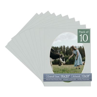 CountryArtHouse Grey Acid Free 16x20 Oval Picture Frame Mat with White Core Bevel Cut for 13x18 Pictures - Fits 16x20 Frame - Pack of 10 Matboard Show Kits with Acid Free Backings & Clear Bags