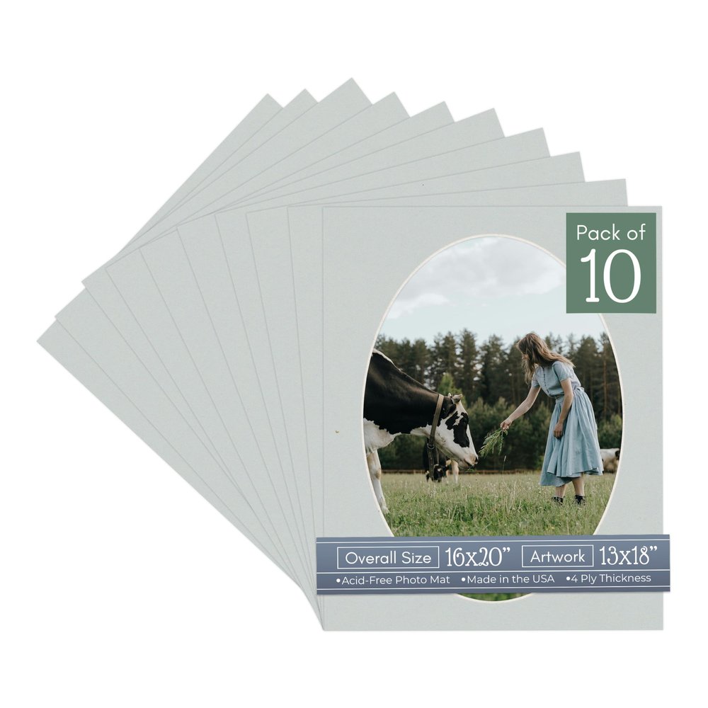 CountryArtHouse Grey Acid Free 16x20 Oval Picture Frame Mat with White Core Bevel Cut for 13x18 Pictures - Fits 16x20 Frame - Pack of 10 Matboard Show Kits with Acid Free Backings & Clear Bags