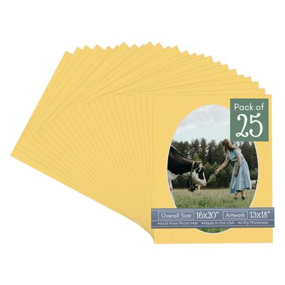 CountryArtHouse Chamois Yellow Acid Free 16x20 Oval Picture Frame Mat with White Core Bevel Cut for 13x18 Pictures - Fits 16x20 Frame - Pack of 25 Matboards