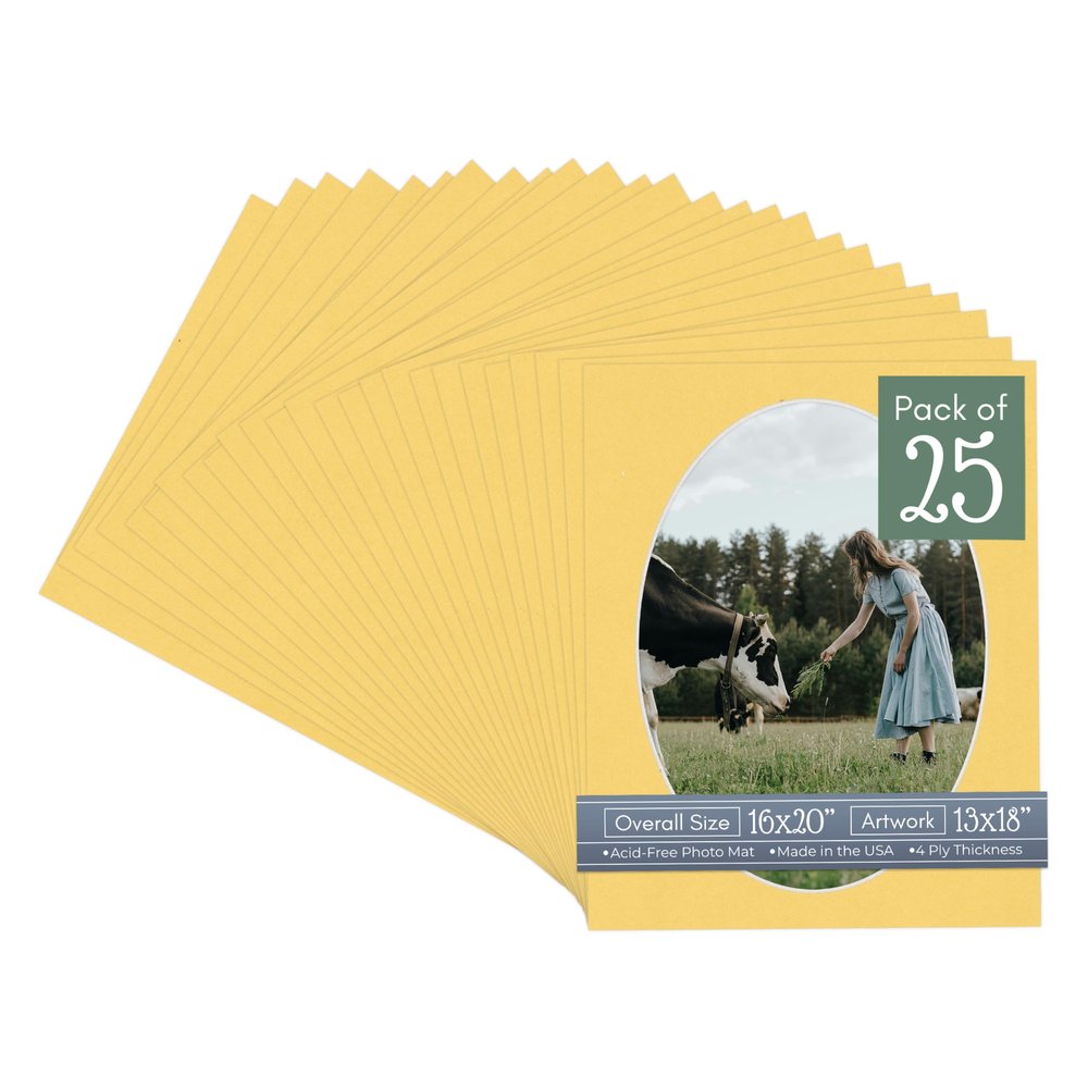 CountryArtHouse Chamois Yellow Acid Free 16x20 Oval Picture Frame Mat with White Core Bevel Cut for 13x18 Pictures - Fits 16x20 Frame - Pack of 25 Matboards