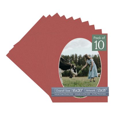 CountryArtHouse Brick Red Acid Free 16x20 Oval Picture Frame Mat with White Core Bevel Cut for 13x18 Pictures - Fits 16x20 Frame - Pack of 10 Matboard Show Kits with Acid Free Backings & Clear Bags