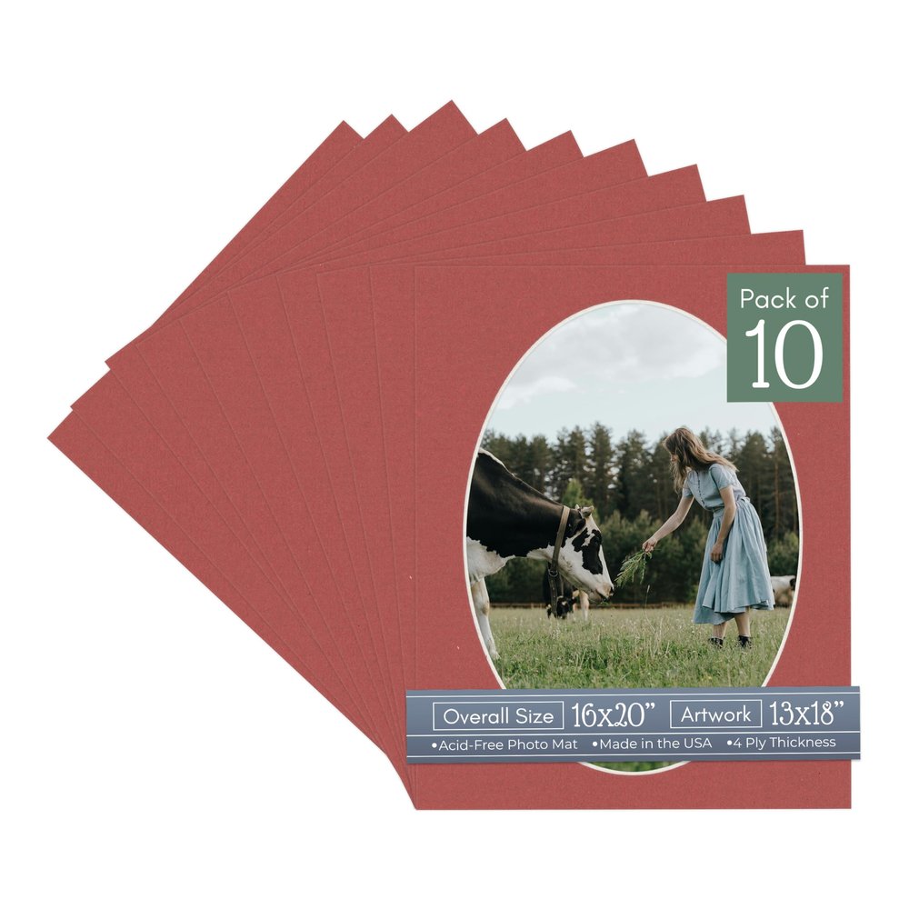 CountryArtHouse Brick Red Acid Free 16x20 Oval Picture Frame Mat with White Core Bevel Cut for 13x18 Pictures - Fits 16x20 Frame - Pack of 10 Matboard Show Kits with Acid Free Backings & Clear Bags