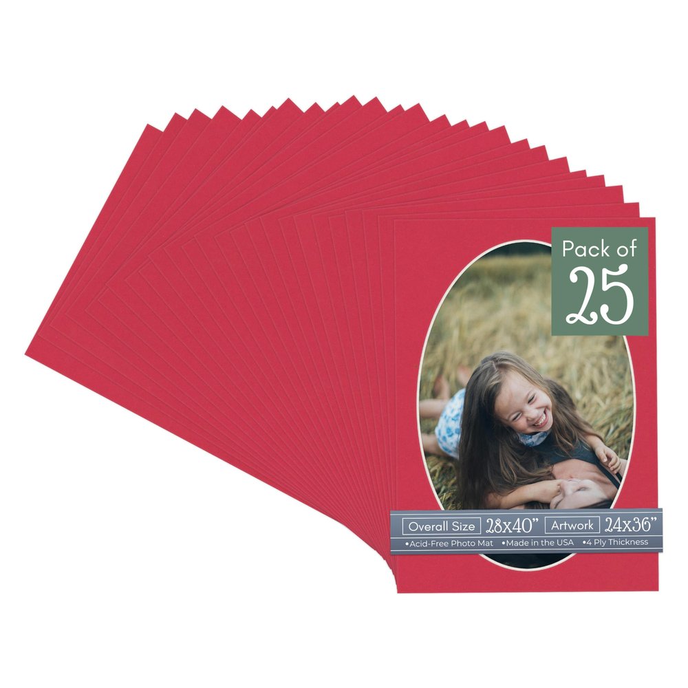 CountryArtHouse Deep Red Acid Free 28x40 Oval Picture Frame Mat with White Core Bevel Cut for 24x36 Pictures - Fits 28x40 Frame - Pack of 25 Matboards