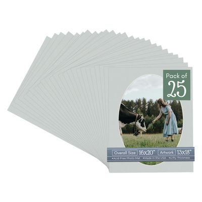 CountryArtHouse Grey Acid Free 16x20 Oval Picture Frame Mat with White Core Bevel Cut for 13x18 Pictures - Fits 16x20 Frame - Pack of 25 Matboard Show Kits with Acid Free Backings & Clear Bags