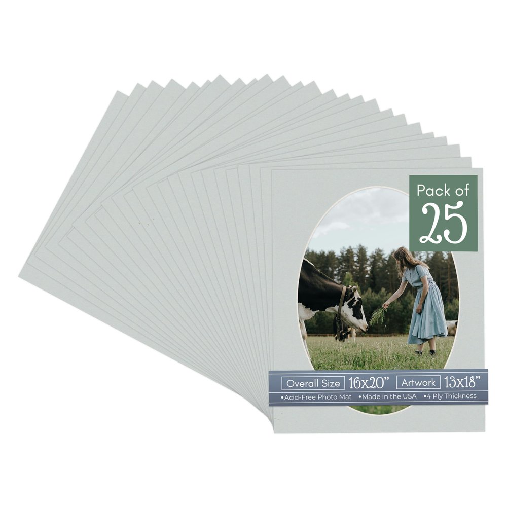 CountryArtHouse Grey Acid Free 16x20 Oval Picture Frame Mat with White Core Bevel Cut for 13x18 Pictures - Fits 16x20 Frame - Pack of 25 Matboard Show Kits with Acid Free Backings & Clear Bags