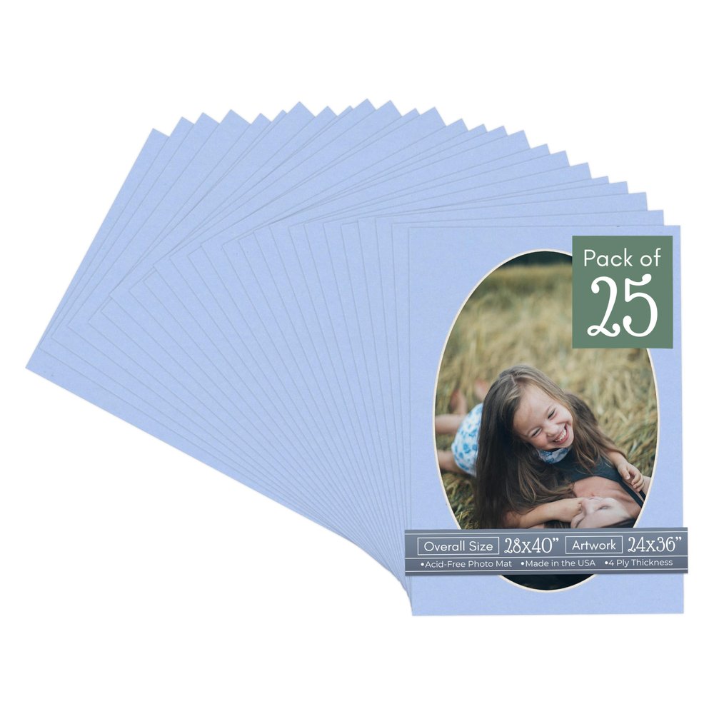 CountryArtHouse Baby Blue Acid Free 28x40 Oval Picture Frame Mat with White Core Bevel Cut for 24x36 Pictures - Fits 28x40 Frame - Pack of 25 Matboard Show Kits With Acid Free Backings & Clear Bags