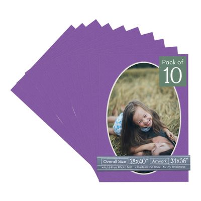 CountryArtHouse Purple Acid Free 28x40 Oval Picture Frame Mat with White Core Bevel Cut for 24x36 Pictures - Fits 28x40 Frame - Pack of 10 Matboards
