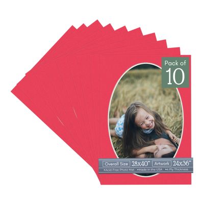 Cardinal Red Acid Free 28x40 Oval Picture Frame Mat with White Core Bevel Cut for 24x36 Pictures - Fits 28x40 Frame - Pack of 10 Matboard Show Kits With Acid Free Backings & Clear Bags