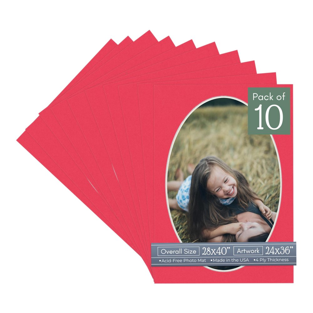 Cardinal Red Acid Free 28x40 Oval Picture Frame Mat with White Core Bevel Cut for 24x36 Pictures - Fits 28x40 Frame - Pack of 10 Matboard Show Kits With Acid Free Backings & Clear Bags
