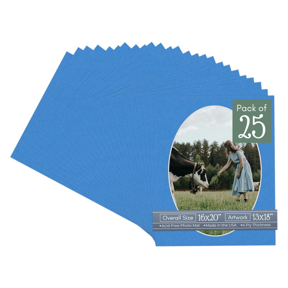 CountryArtHouse Bay Blue Acid Free 16x20 Oval Picture Frame Mat with White Core Bevel Cut for 13x18 Pictures - Fits 16x20 Frame - Pack of 25 Matboards