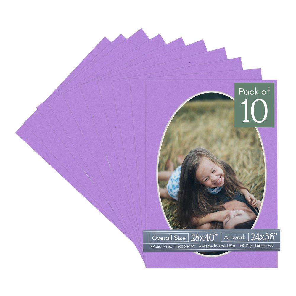 Light Purple Acid Free 28x40 Oval Picture Frame Mat with White Core Bevel Cut for 24x36 Pictures - Fits 28x40 Frame - Pack of 10 Matboard Show Kits With Acid Free Backings & Clear Bags