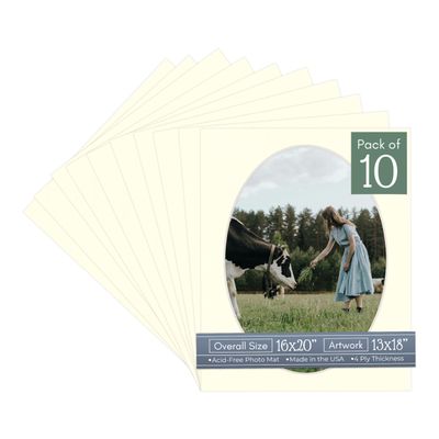 Textured Cream Acid Free 16x20 Oval Picture Frame Mat with White Core Bevel Cut for 13x18 Pictures - Fits 16x20 Frame - Pack of 10 Matboard Show Kits With Acid Free Backings & Clear Bags