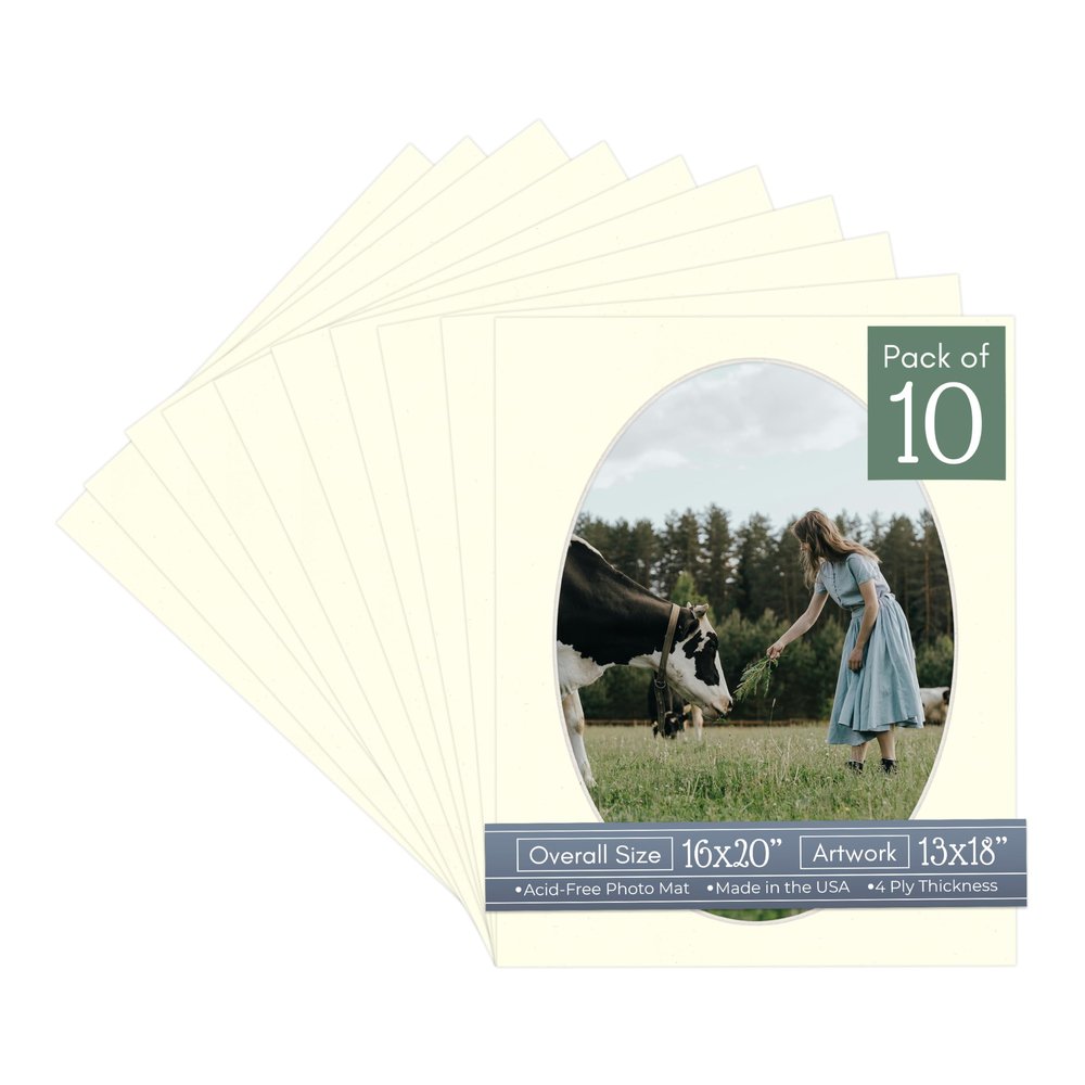 Textured Cream Acid Free 16x20 Oval Picture Frame Mat with White Core Bevel Cut for 13x18 Pictures - Fits 16x20 Frame - Pack of 10 Matboard Show Kits With Acid Free Backings & Clear Bags
