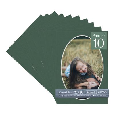 Hunter Green Acid Free 28x40 Oval Picture Frame Mat with White Core Bevel Cut for 24x36 Pictures - Fits 28x40 Frame - Pack of 10 Matboard Show Kits With Acid Free Backings & Clear Bags