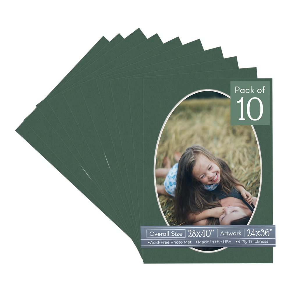 Hunter Green Acid Free 28x40 Oval Picture Frame Mat with White Core Bevel Cut for 24x36 Pictures - Fits 28x40 Frame - Pack of 10 Matboard Show Kits With Acid Free Backings & Clear Bags
