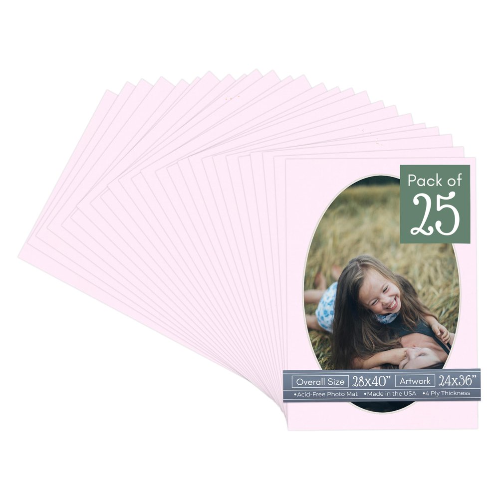CountryArtHouse Soft Pink Acid Free 28x40 Oval Picture Frame Mat with White Core Bevel Cut for 24x36 Pictures - Fits 28x40 Frame - Pack of 25 Matboards