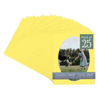CountryArtHouse Yellow Acid Free 16x20 Oval Picture Frame Mat with White Core Bevel Cut for 13x18 Pictures - Fits 16x20 Frame - Pack of 25 Matboards