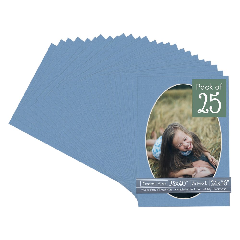 Brittany Blue Acid Free 28x40 Oval Picture Frame Mat with White Core Bevel Cut for 24x36 Pictures - Fits 28x40 Frame - Pack of 25 Matboard Show Kits With Acid Free Backings & Clear Bags