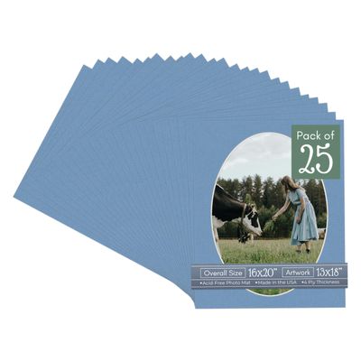 Brittany Blue Acid Free 16x20 Oval Picture Frame Mat with White Core Bevel Cut for 13x18 Pictures - Fits 16x20 Frame - Pack of 25 Matboard Show Kits With Acid Free Backings & Clear Bags