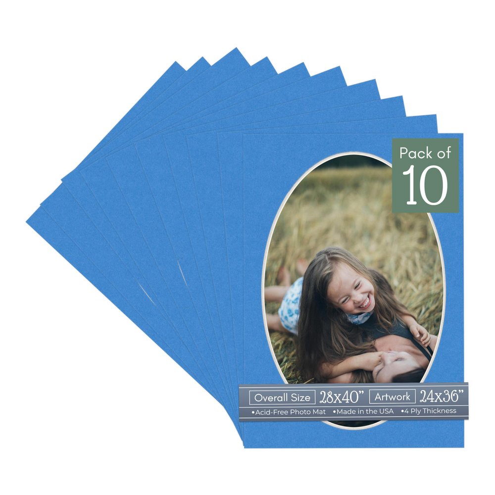 CountryArtHouse Bay Blue Acid Free 28x40 Oval Picture Frame Mat with White Core Bevel Cut for 24x36 Pictures - Fits 28x40 Frame - Pack of 10 Matboards