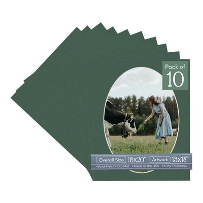 Hunter Green Acid Free 16x20 Oval Picture Frame Mat with White Core Bevel Cut for 13x18 Pictures - Fits 16x20 Frame - Pack of 10 Matboard Show Kits With Acid Free Backings & Clear Bags