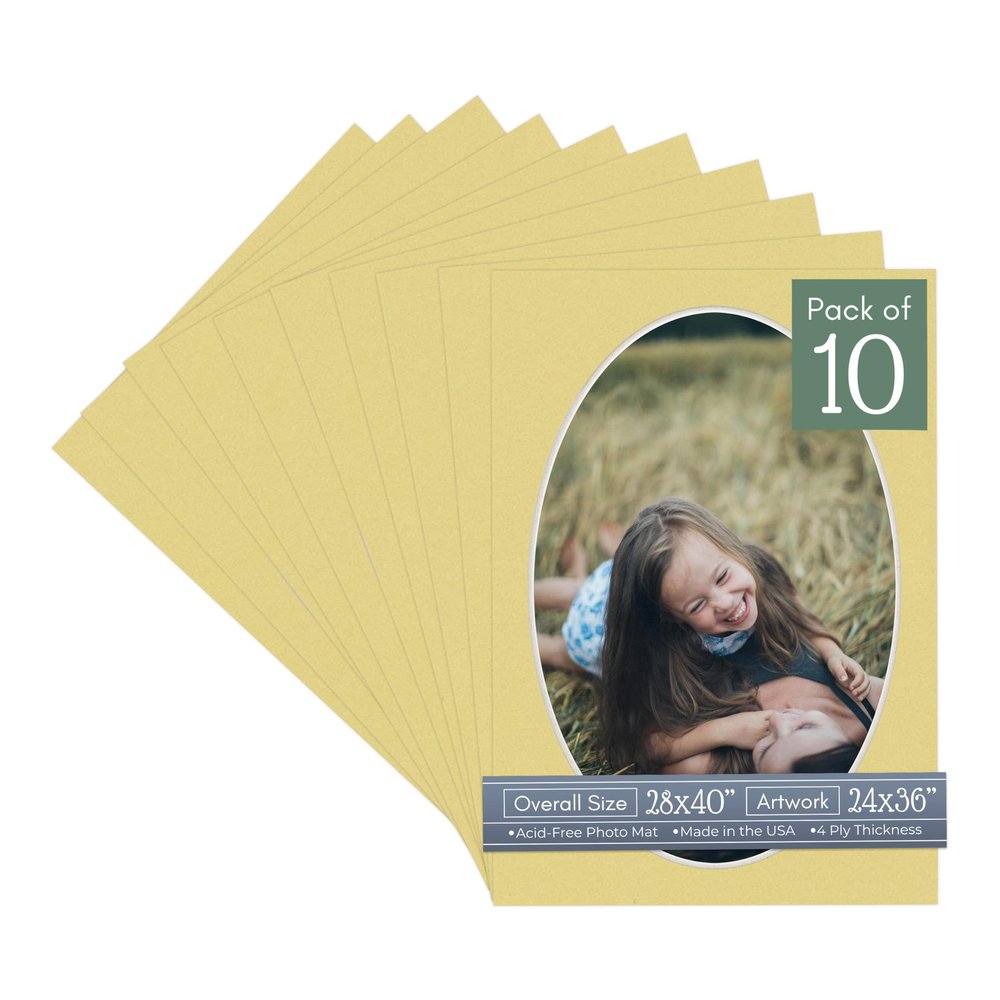 CountryArtHouse Soft Yellow Acid Free 28x40 Oval Picture Frame Mat with White Core Bevel Cut for 24x36 Pictures - Fits 28x40 Frame - Pack of 10 Matboard Show Kits with Acid Free Backings & Clear Bags