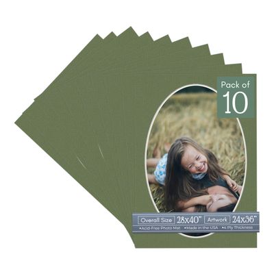 CountryArtHouse Dill Green Acid Free 28x40 Oval Picture Frame Mat with White Core Bevel Cut for 24x36 Pictures - Fits 28x40 Frame - Pack of 10 Matboards