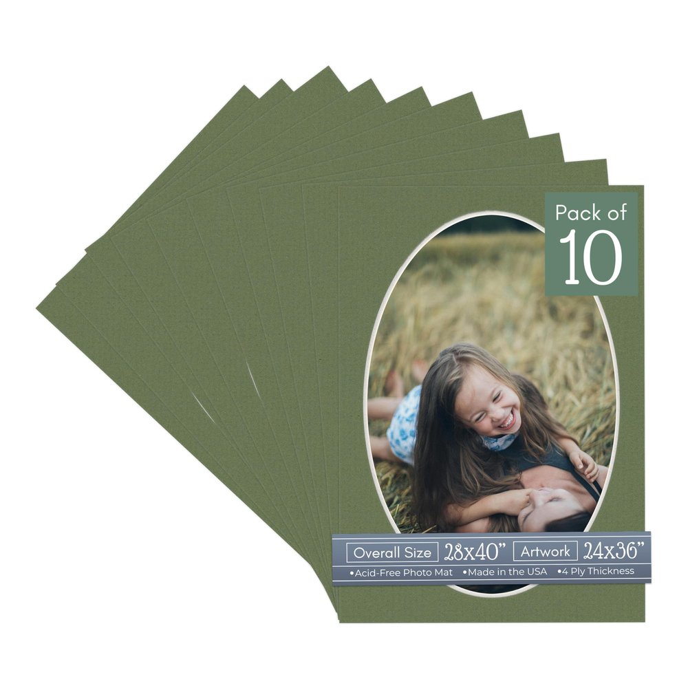 CountryArtHouse Dill Green Acid Free 28x40 Oval Picture Frame Mat with White Core Bevel Cut for 24x36 Pictures - Fits 28x40 Frame - Pack of 10 Matboards