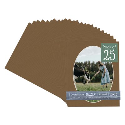 CountryArtHouse Aged Oak Brown Acid Free 16x20 Oval Picture Frame Mat with White Core Bevel Cut for 13x18 Pictures - Fits 16x20 Frame - Pack of 25 Matboards