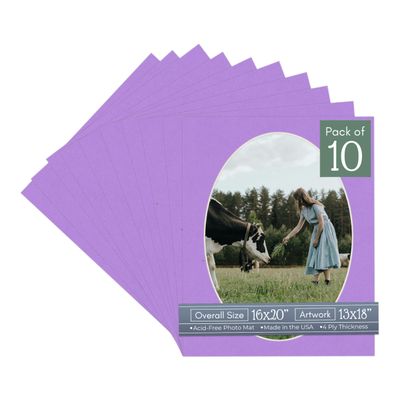 Light Purple Acid Free 16x20 Oval Picture Frame Mat with White Core Bevel Cut for 13x18 Pictures - Fits 16x20 Frame - Pack of 10 Matboard Show Kits With Acid Free Backings & Clear Bags