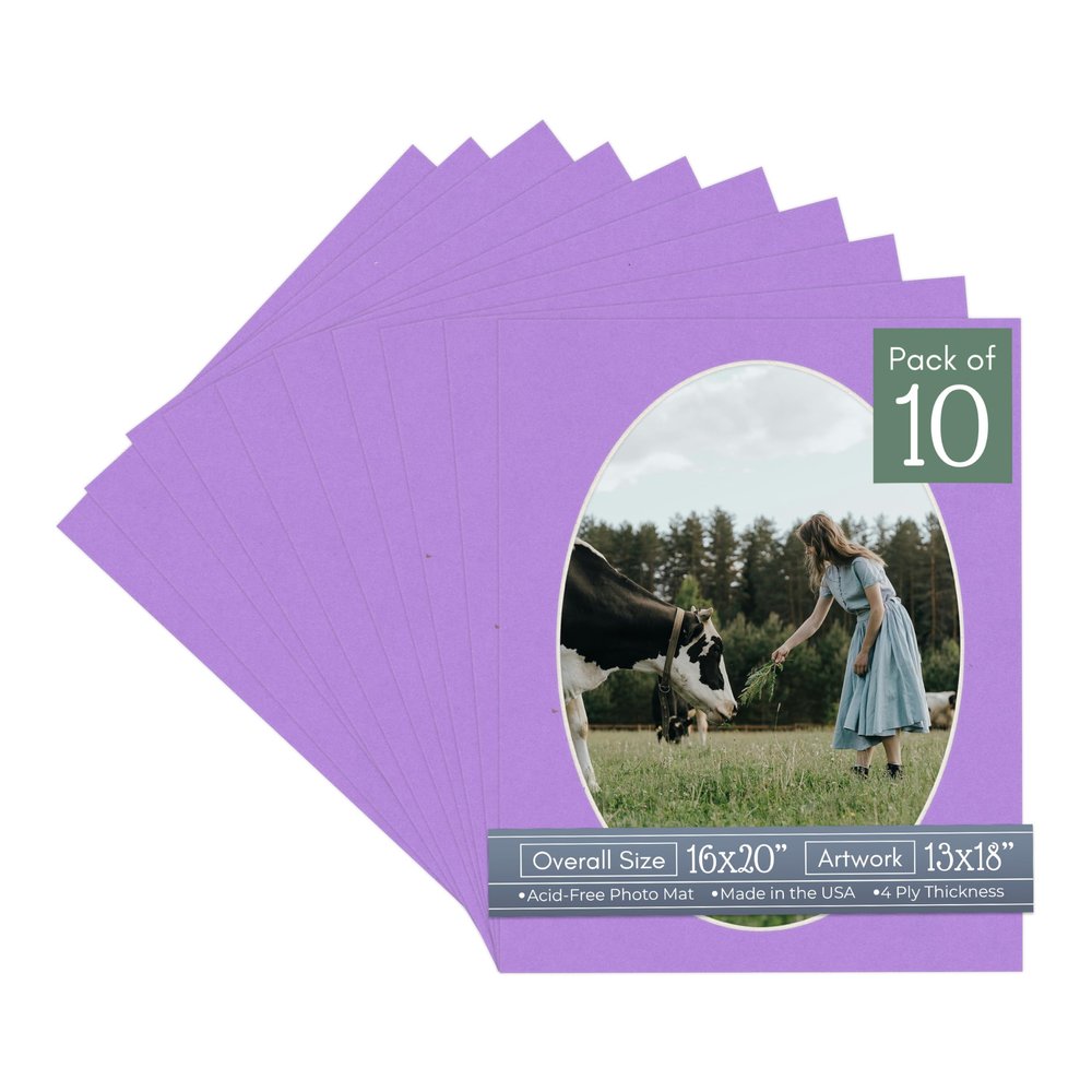 Light Purple Acid Free 16x20 Oval Picture Frame Mat with White Core Bevel Cut for 13x18 Pictures - Fits 16x20 Frame - Pack of 10 Matboard Show Kits With Acid Free Backings & Clear Bags