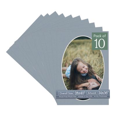CountryArtHouse Mid Grey Acid Free 28x40 Oval Picture Frame Mat with White Core Bevel Cut for 24x36 Pictures - Fits 28x40 Frame - Pack of 10 Matboard Show Kits with Acid Free Backings & Clear Bags