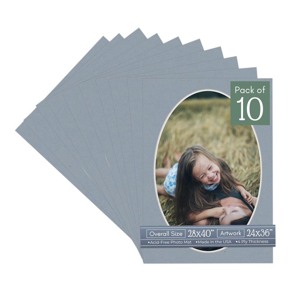 CountryArtHouse Mid Grey Acid Free 28x40 Oval Picture Frame Mat with White Core Bevel Cut for 24x36 Pictures - Fits 28x40 Frame - Pack of 10 Matboard Show Kits with Acid Free Backings & Clear Bags