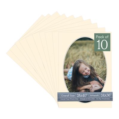 CountryArtHouse Cream Acid Free 28x40 Oval Picture Frame Mat with White Core Bevel Cut for 24x36 Pictures - Fits 28x40 Frame - Pack of 10 Matboards