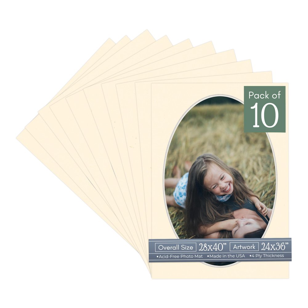 CountryArtHouse Cream Acid Free 28x40 Oval Picture Frame Mat with White Core Bevel Cut for 24x36 Pictures - Fits 28x40 Frame - Pack of 10 Matboards