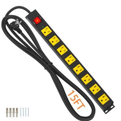 8 Outlet Power Strip 2100J Surge Protector, 15FT Heavy Duty Extension Cord Wide Spaced Outlet and Wall Mount Metal Powerstrip for Home Office Garage Workshop