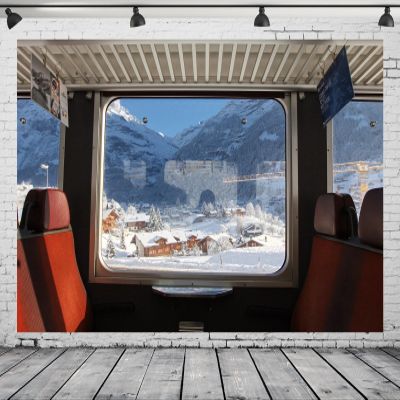 CORFOTO 7x5ft Fabric Winter Train Window Photography Backdrop Train Snow Mountain Outside The Window Background Winter Train Themed Party Decorations Christmas Party Photo Studio Booth Props