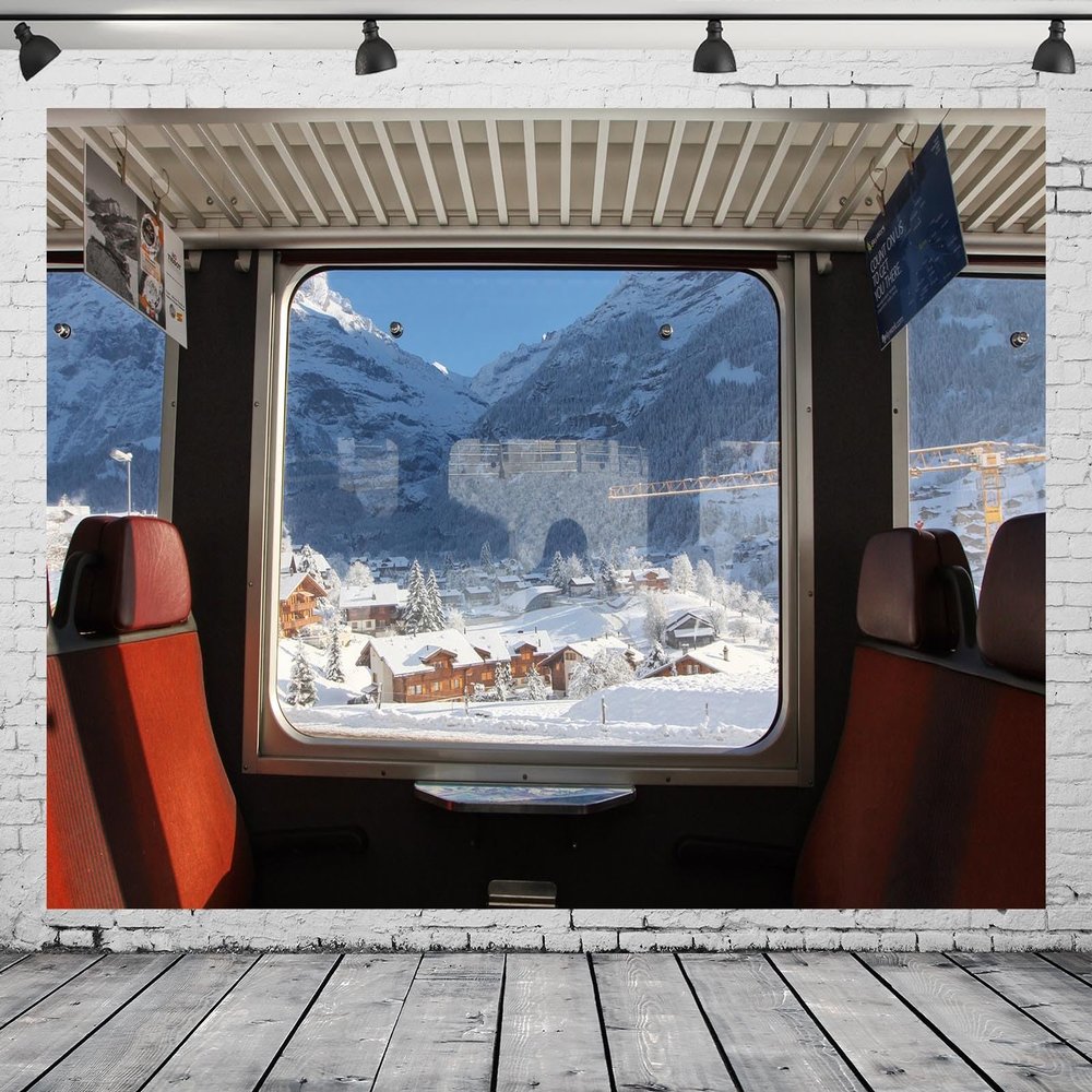 CORFOTO 7x5ft Fabric Winter Train Window Photography Backdrop Train Snow Mountain Outside The Window Background Winter Train Themed Party Decorations Christmas Party Photo Studio Booth Props