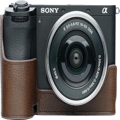 A6700 Camera Case, BMAOLLONGB Handmade Genuine Real Leather Half Camera Case Bag Cover for Sony Alpha A6700 Camera Bottom Opening Version + Hand Strap (Coffee)