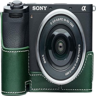 A6700 Camera Case, BMAOLLONGB Handmade Genuine Real Leather Half Camera Case Bag Cover for Sony Alpha A6700 Camera Bottom Opening Version + Hand Strap (Green)