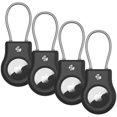 AirTag Holder 4 Pack - Air tag Lock Case with Wire Cable Compatible with Apple AirTags, Ultra Durable Anti-Lost Protective Case with Keyring for Luggage, Key, Backpack, PetBlack