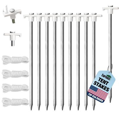 Eurmax USA 10-Pack Secure Protection Galvanized Tent Stakes,Rust-Proof Steel Canopy Anchors for High Winds,Heavy Duty Commercial Ground Pegs for Camping,Pop Up Tents&Gazebos - Includes 4x10ft Ropes