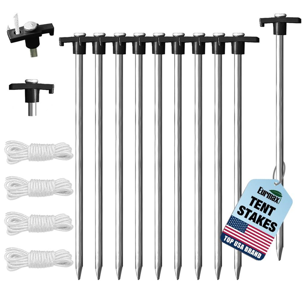Eurmax USA 10-Pack Secure Protection Galvanized Tent Stakes,Rust-Proof Steel Canopy Anchors for High Winds,Heavy Duty Commercial Ground Pegs for Camping,Pop Up Tents&Gazebos - Includes 4x10ft Ropes