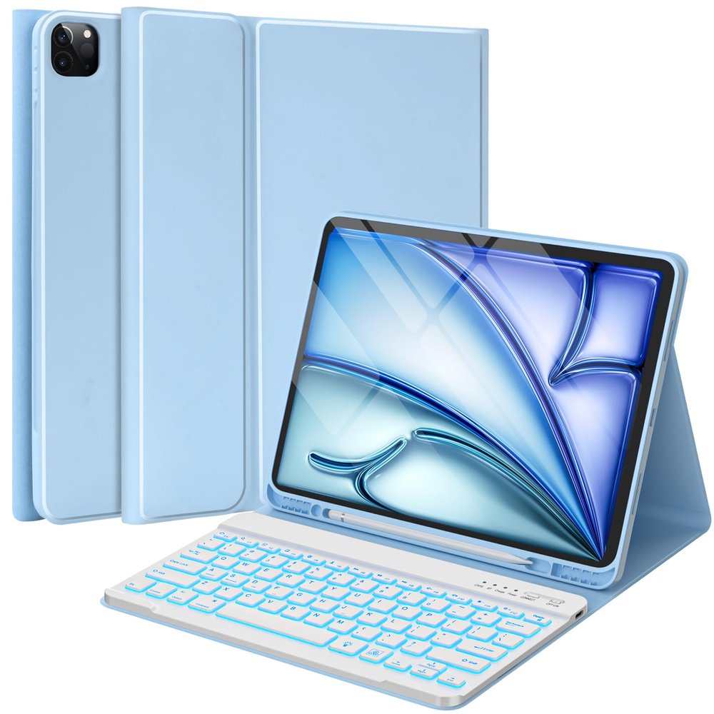 BQSS for iPad Air 13 Inch Case Keyboard (M3/M2, 2025/2024) & iPad Pro 12.9 inch (6th/5th/4th/3rd Gen), 7 Colors Backlit Wireless Detachable Folio Keyboard Cover with Pencil Holder (Light Blue)