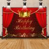 Laeacco 12x8ft Happy Birthday Backdrop for Little Prince Princess Royal Red Gold Curtain Crown Photography Background Baby Shower Boys Girls Birthday Party Cake Table Decor Banner Photo Booth Props view 2
